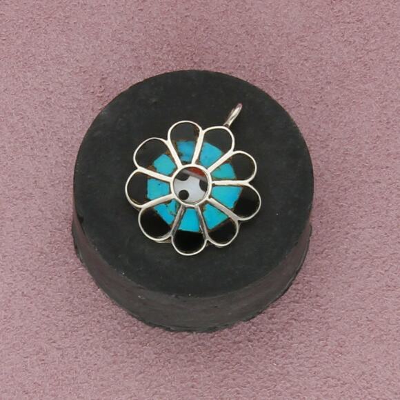 Native Jewelry - zuni sterling silver vintage turquoise onyx mop coral sunface flower pendant